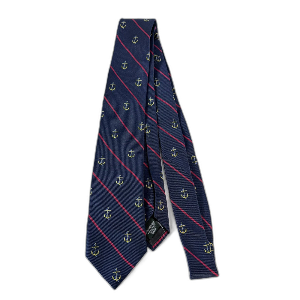 J. Crew Tie Navy Blue Silk w/ Embroidered Anchor Nautical Skinny Preppy Stripe